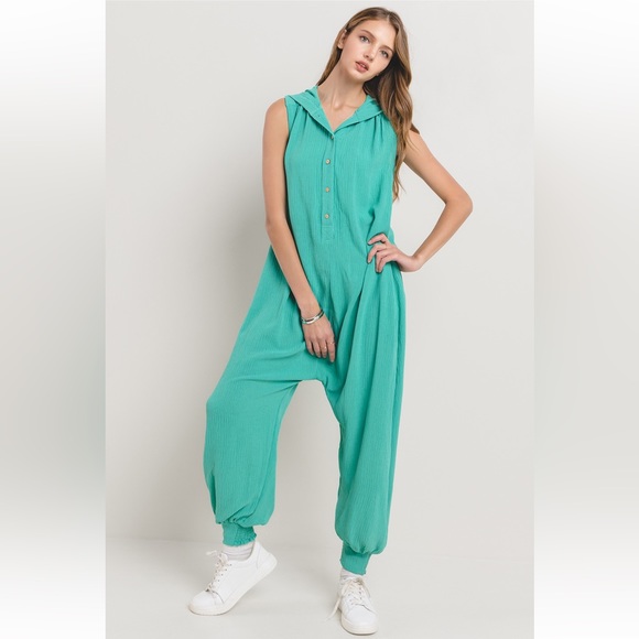 Boho Solid Button Down Harem Jumpsuit - Picture 2 of 6